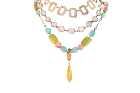 Layered Anna Beck rectangle collar, rose quartz bezel stones necklace by Barbara  Smith, and blue chalcedony coral apple jade necklace