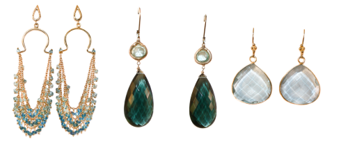 Left to right: Appetite and blue topaz chain drop earrings by Azaara, green quartz elongated tear drop earrings by Dana Kellin, and large light blue quartz earrings by Janice Carson