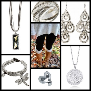 Winter white sweater, leggings and boots paired with chunky silver UNO DE 50 or Boho Chic Anna Beck at Haute Jewels