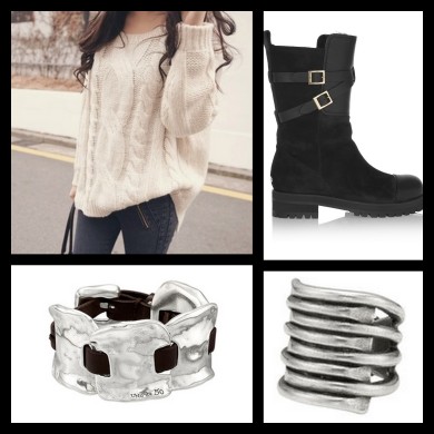 Haute Jewels Chunky UNO DE 50 skinny jeans paired with Biker boot and cable knit sweater.